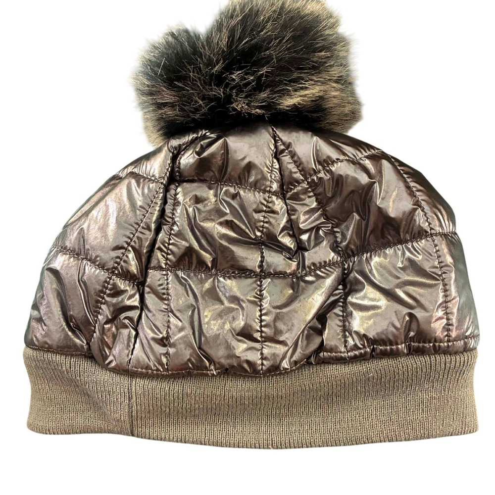 Body Glove Beanie Womens OS Bronze Metallic Quilted Faux Fur Pom Pom Y2K Winter